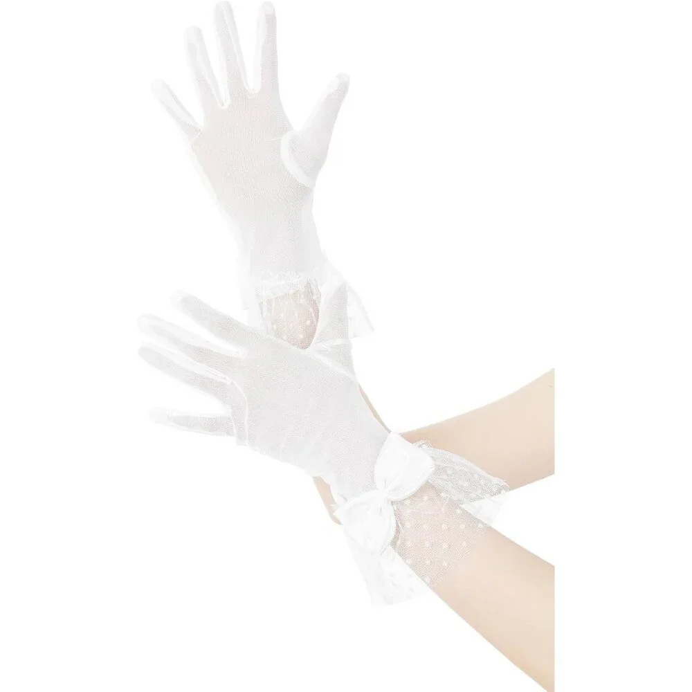Women's Short White Lace Bow Polka Dots Gloves Mesh Wedding Tea Party Prom
